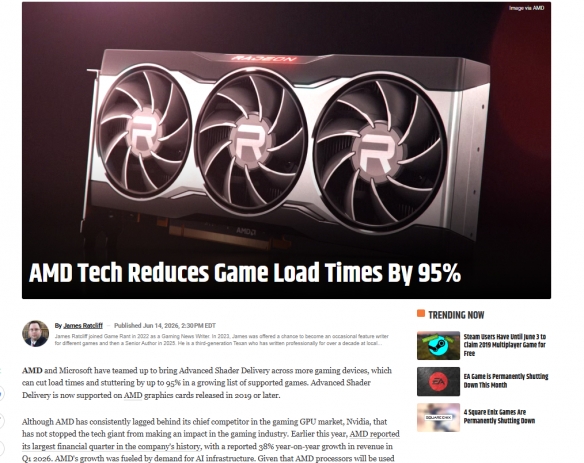 AMD显卡玩家有福了！新ASD技术减少游戏载入时间95%