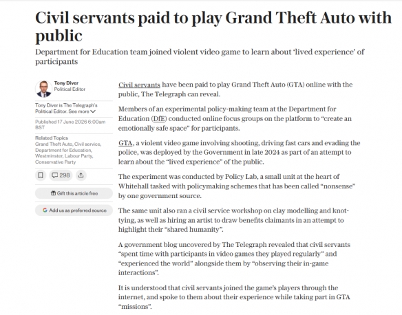 英公务员上班玩《GTA Online》 官方称系政策研究项目